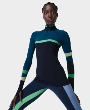 Sweaty Betty Athlete Seamless Color Block Half Zip Long Sleeve Damen Navy Blau | LHTWI7412