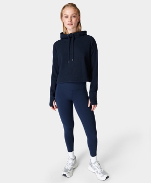 Sweaty Betty Escape Luxe Fleece Crop Hoody Hoodie Damen Navy Blau | IGLKW8403