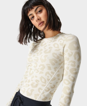 Sweaty Betty Glisten Seamless Long Sleeve Damen Weiß Leopard | UWNVK1807