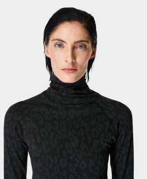 Sweaty Betty High Neck Leopard Jacquard Base Layer Long Sleeve Damen Schwarz Leopard | RYUHG3082