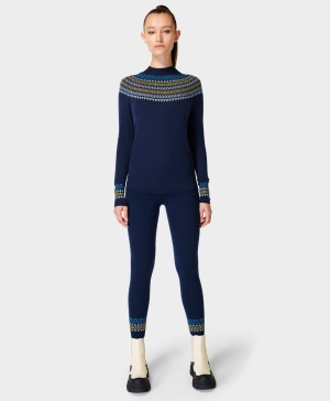 Sweaty Betty Merino Fair Isle Base Layer Oberteile Damen Navy Blau | BZUND9861