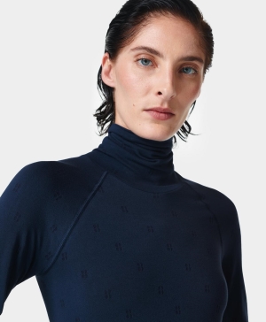 Sweaty Betty Modal Dot High Neck Jacquard Base Layer Long Sleeve Damen Navy Blau | VMUKN7289
