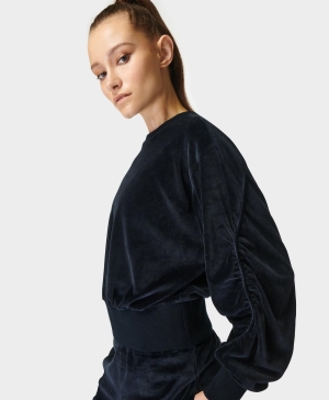 Sweaty Betty Retake Velour Pullover Sweatshirt Damen Schwarz | QPAHD5468