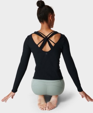 Sweaty Betty Super Soft Rib Yoga Long Sleeve Damen Schwarz | ZNJBH8430